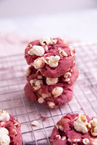 stack of pink popcorn cookies